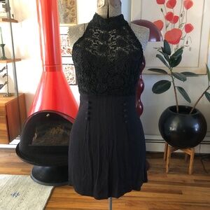 Vintage 90s Jessica McClintock Rayon Black Rose Lace Halter Goth Mini Dress sz 4